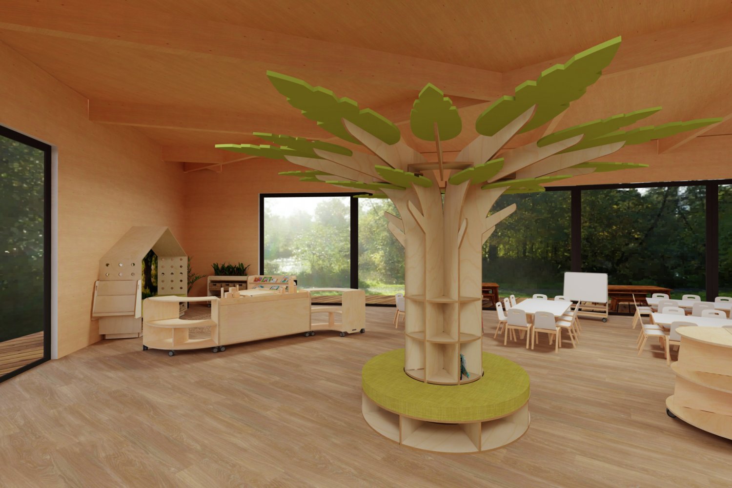 indoor wooden tree feature